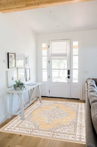 IKALIFE Ultra-Thin Washable Vintage Area Rug 5'x 7' for Living Room, Low-Pile Area Rugs Non-Shed Non Slip, Unique Chenille Printed Home Decor, Perfect for Bedroom Dining Room Kitchen, Yellow in White Scandinavian Entryway
