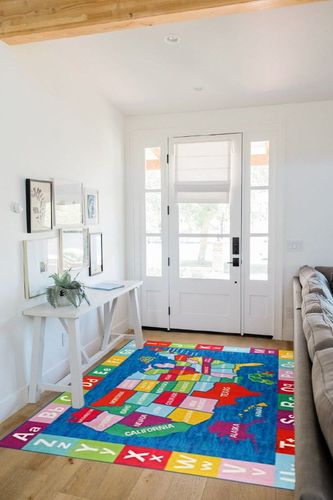Eric Carle Elementary USA Map Kids Machine Washable Area Rug Blue/Red, 4'11"x6'6" in White Scandinavian Entryway