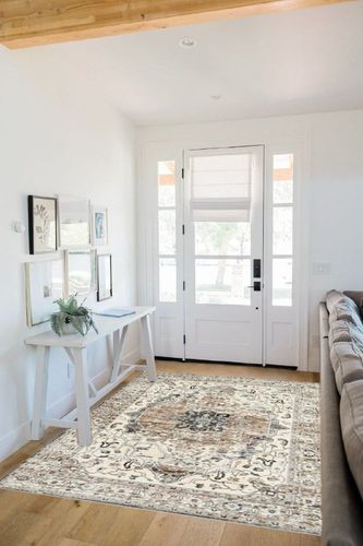 befbee 5x7 Area Rugs for Living Room, Stain Resistant Neutral Washable Rugs for Dining Room, Floral Vintage Non-Slip Thin Large Size Area Rug (Brown/Grey) in White Scandinavian Entryway