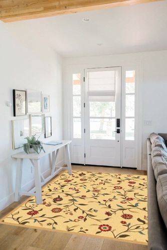 Ottomanson Ottohome Collection Non-Slip Rubberback Floral Leaves Design 5x7 Indoor Area Rug, 5' x 6'6", Beige in White Scandinavian Entryway