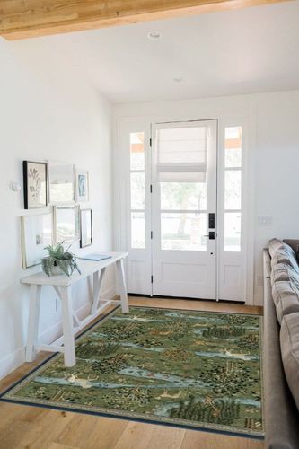 RUGGABLE x Morris & Co Washable Rug - Perfect Bohemian Area Rug for Living Room Bedroom Kitchen - Non-Slip, Child Friendly, Stain & Water Resistant - Owl & Willow Green 5'x7' (Standard Pad) in White Scandinavian Entryway