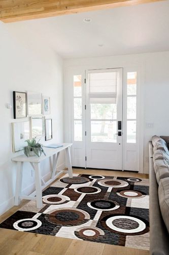 Signature Design by Ashley Guintte Modern 5 x 7 Medium Pile Multilayered Geometric Design Rug, Black, Brown & Cream in White Scandinavian Entryway