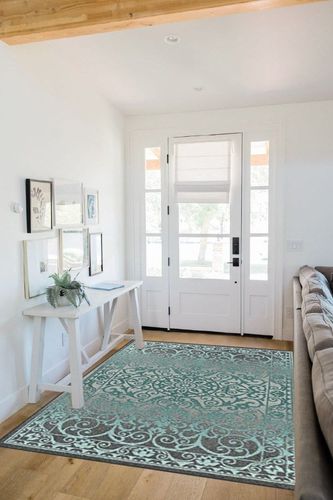 Maples Rugs Pelham Non Slip Area Rugs, Medallion Low Pile Pet-Friendly Mat for Living Room, Bedroom, and Dining [Made in USA], 5 x 7, Blue/Grey in White Scandinavian Entryway