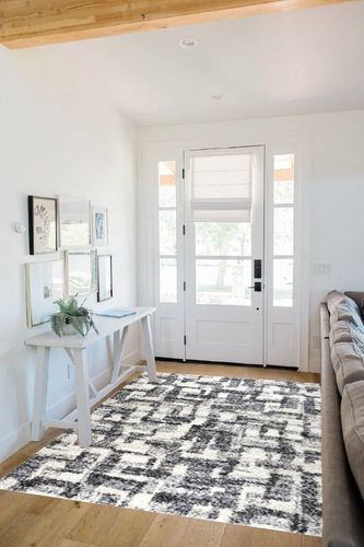 Gertmenian Indoor Modern Plush and Non-Shedding Shaggy Carpet for Foyer Living Room Kitchen Entryway Bedroom Area Rug, 5x7 Standard, Abstract Gray Cream Geometric in White Scandinavian Entryway