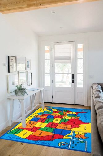 Kids Rug USA Map Area Rug 5x7 (Approx : 4'11" X 6' 10") Non Slip Gel Backing in White Scandinavian Entryway