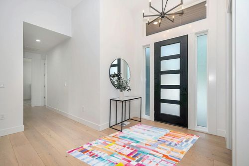 Linon Painterly Swatch Printed Lux Soft Faux Rabbit 5' X 7' Area Rug in Pink and Blue in Modern White Entryway