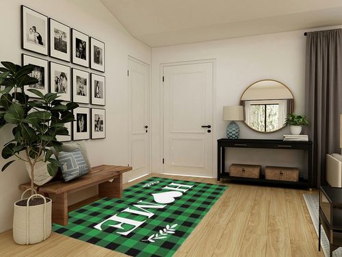 Outdoor Rug Carpet Indoor Area-Rug Merry Christmas Tree Winter Snow Green Black Buffalo Plaid Washable High Traffic Bedroom Kitchen Mat Backyard Patio Porch Rug, 5 X 8 in Transitional Minimalistic Entryway