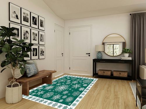 Christmas Area Rug 5 x 8, Washable Bedroom Rug Non-Slip Kitchen Rugs Non Shedding Floor Cover Mat Runner Rug for Living Room Dining Room Outdoor Carpet Seasonal Green Snowflakes Winter Xmas in Transitional Minimalistic Entryway