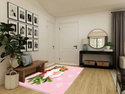 Pink Christmas Area Rug 5 x 8, Washable Bedroom Rug Non-Slip Kitchen Rugs Non Shedding Floor Cover Mat Runner Rug for Living Room Dining Room Outdoor Carpet Santa Claus Pine Needle Snowflake in Transitional Minimalistic Entryway