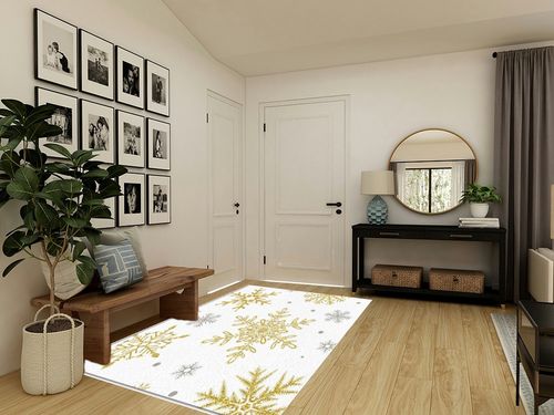 Christmas Area Rug 5 x 8, Washable Bedroom Rug Non-Slip Kitchen Rugs Non Shedding Floor Cover Mat Runner Rug for Living Room Dining Room Outdoor Carpet Romantic White Golden Snowflake in Transitional Minimalistic Entryway