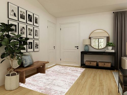 SAFAVIEH Meadow Collection Area Rug - 5'3" x 7'6", Beige & Pink, Modern Abstract Design, Non-Shedding & Easy Care, Ideal for High Traffic Areas in Living Room, Bedroom (MDW585B) in Transitional Minimalistic Entryway