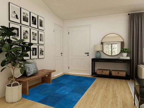 BESPOKY 5'1" x 7'7" (154x230 Cm) Teselya Blue Patchwork Wool Handmade Area Rug in Transitional Minimalistic Entryway