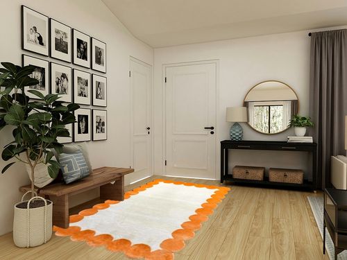 Beige & Orange Irregular Boarder Shape, Modern Handmade Tufted Area Rugs in Beige and Orange Color. in Size 5X8 Feet. in Transitional Minimalistic Entryway
