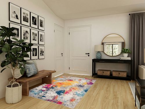 ‎Multi ‎Contemporary ‎Non Slip, Washable ‎Kitchen Rug in Transitional Minimalistic Entryway