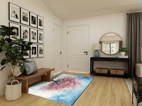 DNOVING Large Non-Slip Area Rug 5x7ft Washable Fluffy Rug, Cherry Blossom Tree Design, Rubber Backing, Pink and White Petals on Blue Sky in Transitional Minimalistic Entryway