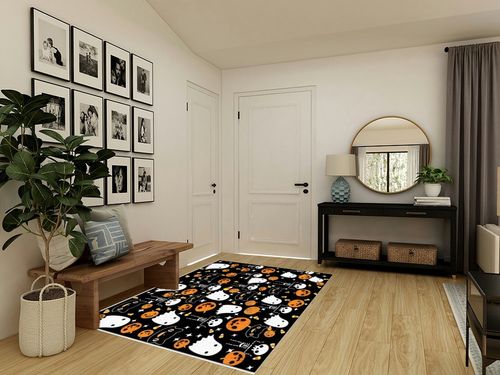 Large Area Rug, Halloween Non-Slip Indoor Accent Area Carpet, Orange Pumpkin White Ghost Skeleton Black Fluffy Shaggy Runner Rug for Living Room, Bedroom, Kids Room, 5'x 7' in Transitional Minimalistic Entryway