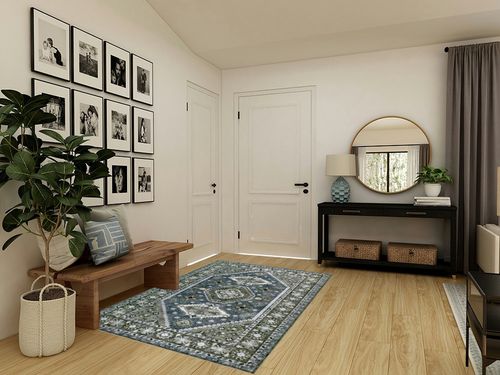Rofee Living Boho Area Rug 5x7 Washable Olive Green Blue Vintage Distressed Soft Accent Floor Carpet for Living Room Bedroom in Transitional Minimalistic Entryway