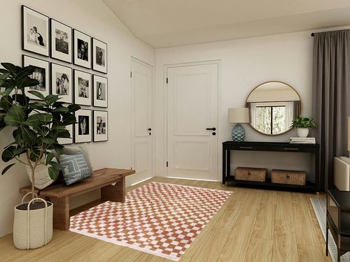 Hauteloom Pertek Checkered Tile Living Room Bedroom Dining Room Area Rug - Bohemian Boho Carpet - Square Tile Farmhouse - Faded Distressed - Cream, Beige, Light Red, Somon - 5'3" x 7' in Transitional Minimalistic Entryway