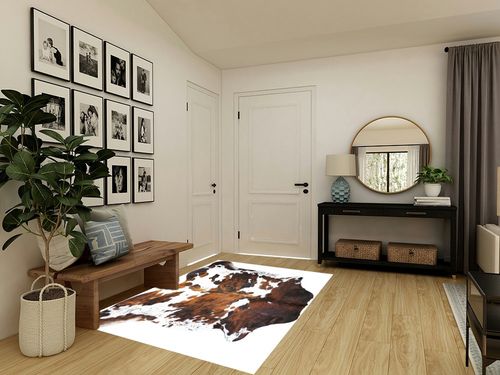 rodeo Genuine Cowhide Rug: Hand-Picked & Authentic Real Cowhide Rug for western Home Decor -TEXAS rug Cow Hide Rug Large Sized at 6x7ft - Rustic rug, Unique, Durable, Leather Cow Carpet Rugs -Tricolor in Transitional Minimalistic Entryway