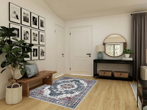 Washable Rug Living Room Rugs: 5x7 Area Rug Large Boho Medallion Distressed Carpets Indoor Soft Floor Anti Slip Carpet for Under Dining Table Bedroom Farmhouse Home Office - Red/Blue in Transitional Minimalistic Entryway