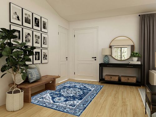 Zacoo Boho Area Rug 5x7 Washable Rug Vintage Soft Navy Blue Medallion Distressed Print Carpet Oriental Non Slip Non-Shedding Low-Pile Throw Thin Bedroom Rugs for Living Room Dining Room in Transitional Minimalistic Entryway