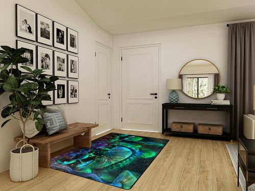 EEIVEUN Green Forest Luminous Mushrooms 5x7' Area Rugs, Indoor Living Room Floor Carpet for Dining Room Kitchen Garden Nursery, Washable Rug Yoga Mat for Office Bedroom Home Decor in Transitional Minimalistic Entryway