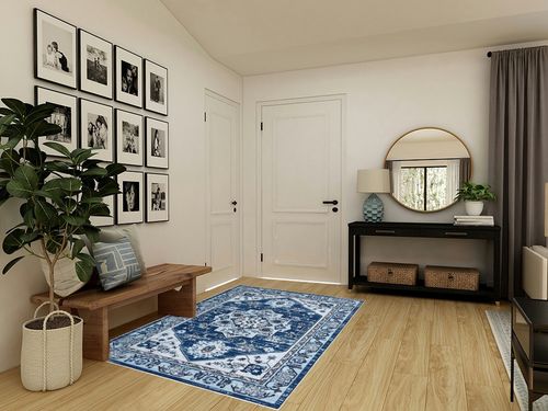 COZYLOOM Area Rug 5x7 Washable Rug Medallion Floor Cover Vintage Floral Distressed Rug Soft Tribal Indoor Carpet Non-Slip Low Pile Thin Rug Oriental Throw Carpet Foldable Rug Navy/White in Transitional Minimalistic Entryway