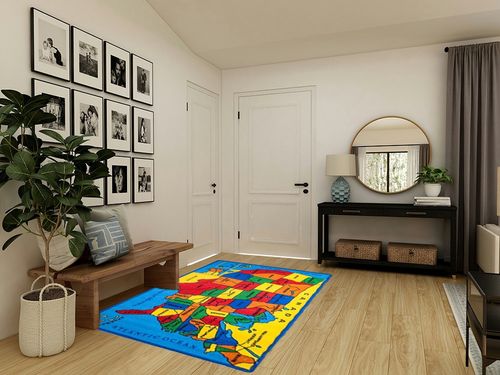 Kids Rug USA Map Area Rug 5x7 (Approx : 4'11" X 6' 10") Non Slip Gel Backing in Transitional Minimalistic Entryway