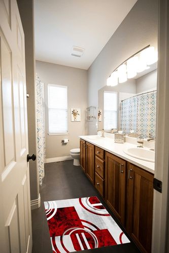 Red Rings Area Rugs Indoor Non-Slip Rectangle Rug in Wooden and Grey Bathroom