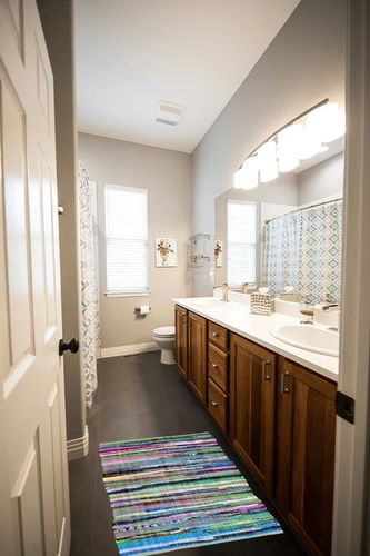 Various Colors Bohemian Non Slip Area Rug in Wooden and Grey Bathroom