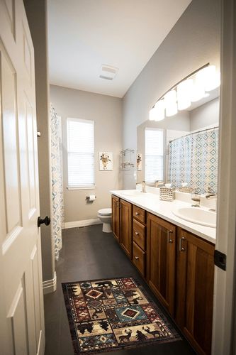 Home Dynamix Buffalo Bear Area Rug, 1'8"x2'7", Brown/Red, Rectangular in Wooden and Grey Bathroom