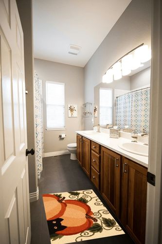 Jellybean Autumn Watch Accent Rug in Wooden and Grey Bathroom