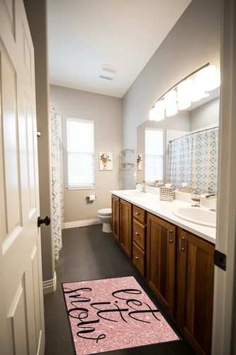 Let It Snow Rose Gold Pink Printed Kitchen Rugs Snowflake Christmas Bath Mat Non Skid Washable Standing Floor Mat Runner Carpet for Bathroom Home Office Laundry 39 x 20 Inch in Wooden and Grey Bathroom