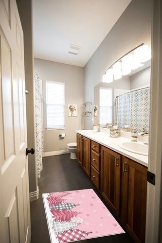 Rectangular Area Rug for Living Room, Bedroom, Pink Christmas Tree Non-Slip Residential Carpet, Kitchen Rugs, Grey Pink Plaid Xmas Tree Winter Snowflake Floor Mat with Rubber Backing 2' x 3' in Wooden and Grey Bathroom