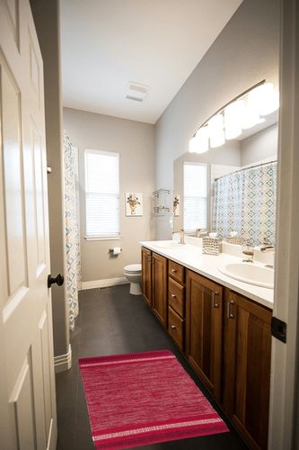 DII Variegated Recycled Yarn Modern Edge Stripe, 2x3', Red in Wooden and Grey Bathroom