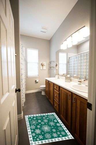 Rectangular Area Rug for Living Room, Bedroom, Christmas Non-Slip Residential Carpet, Kitchen Rugs, Xmas Green Snowflake Winter Christmas Teal Floor Mat with Rubber Backing 2' x 3' in Wooden and Grey Bathroom