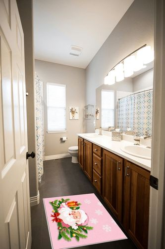 OComster Christmas Rectangle Shape Large Area Rugs - 2 x 3 Feet Pink Santa Xmas Gift Pine Needle Small Bell Snowflake - (Non-Woven + Rubber) Low File Floor Mat in Wooden and Grey Bathroom