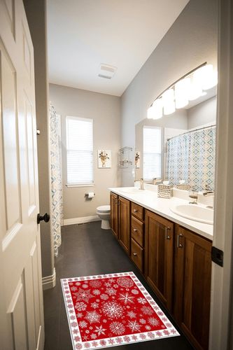 Rectangular Area Rug for Living Room, Bedroom, Christmas Non-Slip Residential Carpet, Kitchen Rugs, Xmas Red Snowflake Winter Christmas Red Floor Mat with Rubber Backing 2' x 3' in Wooden and Grey Bathroom