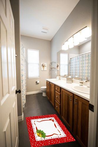 OComster Christmas Rectangle Shape Large Area Rugs - 2 x 3 Feet Xmas Red White Star Bow Pine Needle Small Bell - (Non-Woven + Rubber) Low File Floor Mat in Wooden and Grey Bathroom