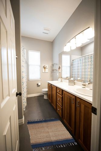 DII Woven Rugs Collection Hand-Loomed Jute, 2x3', French Blue Stripes in Wooden and Grey Bathroom