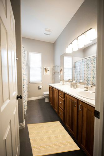 DII Woven Rugs Collection Hand-Loomed, 2x3', Honey Gold Dobby Stripe in Wooden and Grey Bathroom