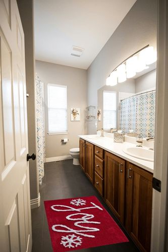 SKL Home By Saturday Knight Ltd. Winter Greetings Rug, Red in Wooden and Grey Bathroom