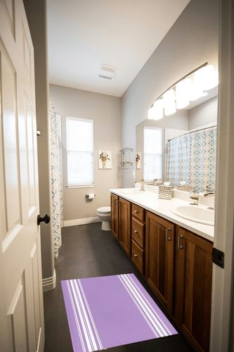 Farmhouse Plush Shag Bath Rugs Country Style White Stripe Soft Fluffy Floor Doormat Carpet,Non-Slip Door Mats for Living Room Bedroom Kitchen Entryway Purple in Wooden and Grey Bathroom