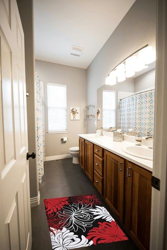 Shag Door Mats Bath Rugs Red White Floral Print on Black,Soft Fluffy Plush Doormats Non Slip Carpet Vintage Abstract Flower Art Watercolor,Shaggy Fuzzy Area Throw Rug for Kitchen/Bathroom24 x36 in Wooden and Grey Bathroom