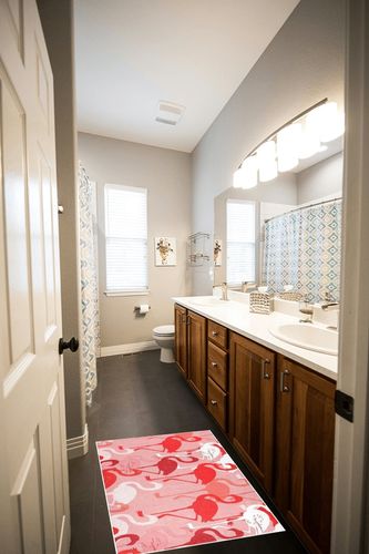 White Pink Flamingo Bathroom Rugs Fluffy Absorbent Bath Mat Machine Washable Soft Microfiber Shaggy Kitchen Mat Non Slip Carpet Runner for Bathroom Floor Shower Bathtub Living Room in Wooden and Grey Bathroom