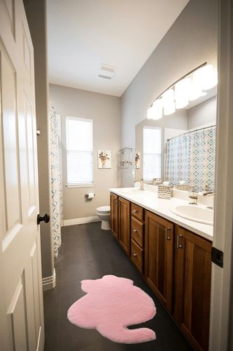 Scceatti Rugs for Bedroom 3x1.5 Feet Washable Fluffy Bathroom Rug Rugs Cat Shaped Area Rug Cute Bedroom Rugs Soft Fluffy Faux Rug Fuzzy Shaggy Rug Carpet for Kids Girls Living Room,Pink in Wooden and Grey Bathroom