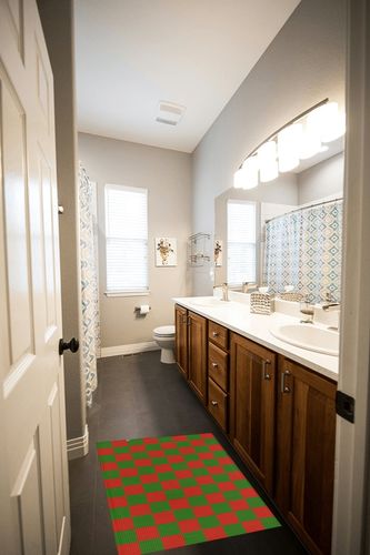Abstract Plaid Plush Shag Bath Rugs Christmas Red Green Checker Soft Fluffy Floor Doormat Carpet,Non-Slip Door Mats for Living Room Bedroom Kitchen Entryway Geometric in Wooden and Grey Bathroom