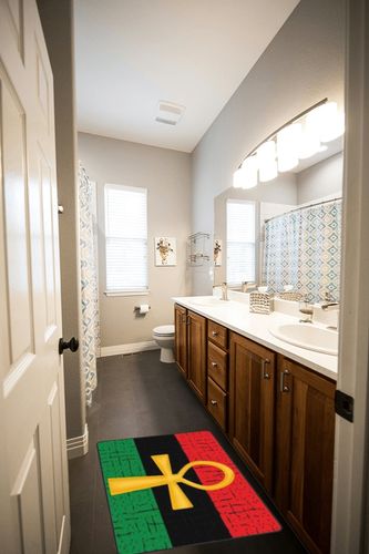 Red and Green Ankh Egyptian Gods Symbol Carpet, Living Room, Bedroom Home Decoration Anti-Slip Rug, Floor Mat in Wooden and Grey Bathroom