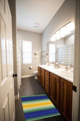 Abstract Plush Shag Bath Rugs Geometric Plaid Colorful Gradient Soft Fluffy Floor Doormat Carpet,Non-Slip Door Mats for Living Room Bedroom Kitchen Entryway Blue Yellow Green in Wooden and Grey Bathroom