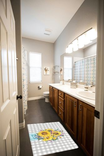 Yellow Sunflowers in Bottle Bathroom Shag Doormat Pastoral Floral Grey White Plaid Water Absorbent Bath Rug Floor Mat Washable Fluffy Plush Indoor Area Rugs Cozy Welcome Carpet Watercolor in Wooden and Grey Bathroom